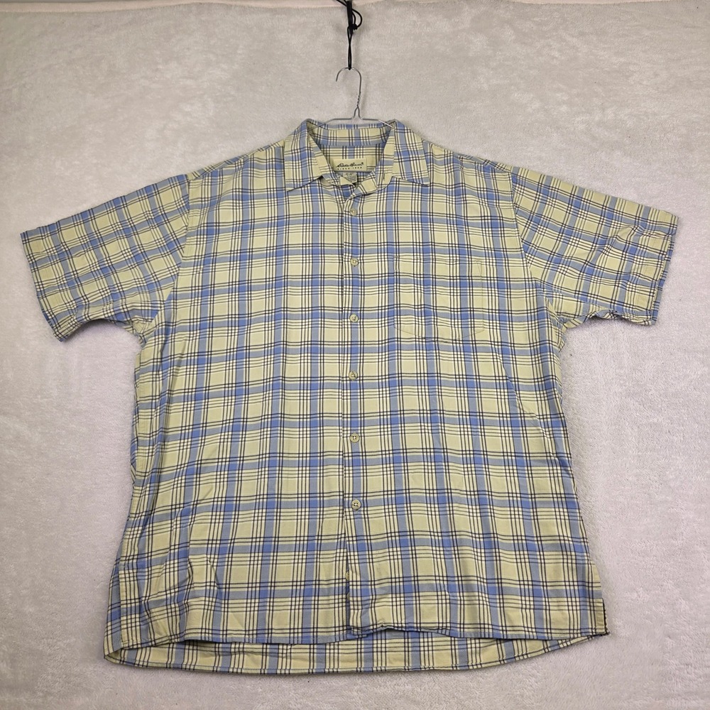 Eddie Bauer Mens Large Yellow Blue Plaid Short Sleeve Button Down Cotton Shirt